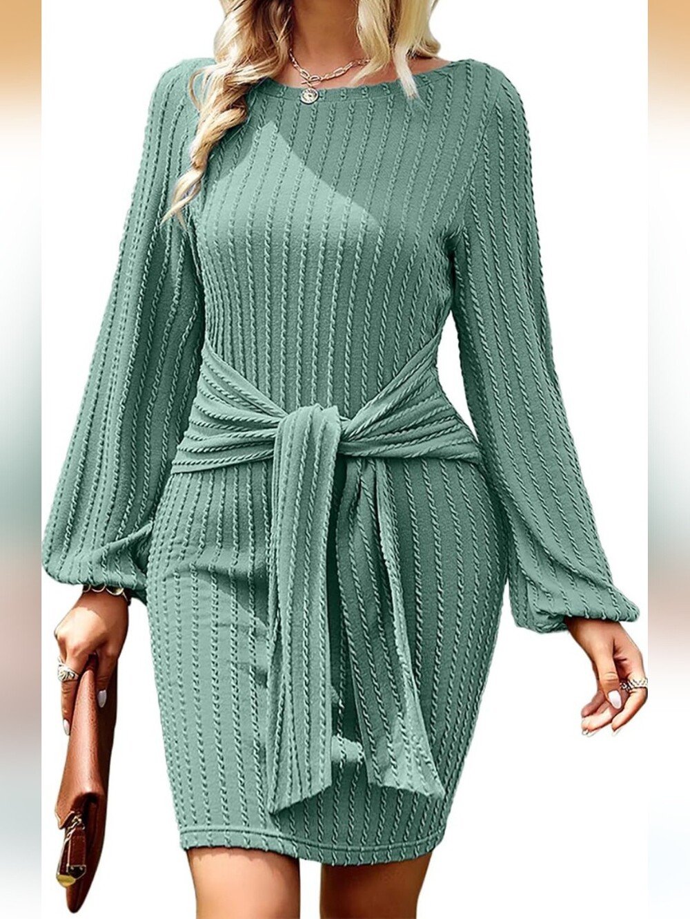 Tie-Waist Long Sleeve Knit Dress in Sage Green